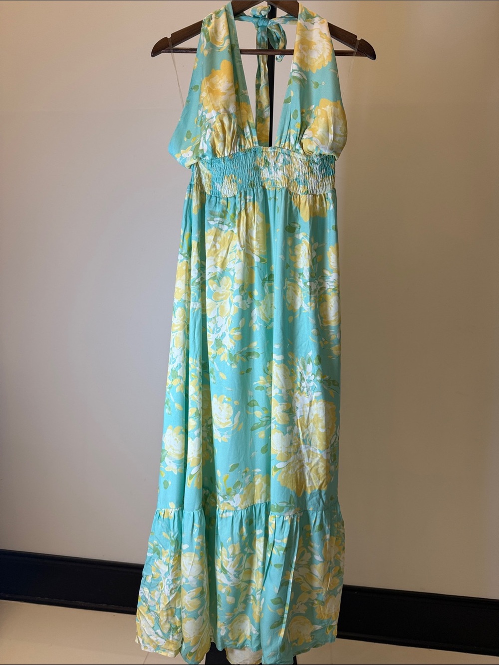 Hello Molly Floral Halter Maxi Dress Smocked Waist Turquoise Yellow | Size 6 (M) - Picture 7 of 8